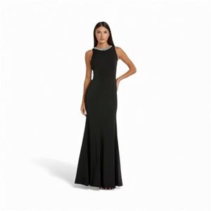 NWT Ieena for Mac Duggal Black Satin Embellished Neck Trumpet Gown Size 14